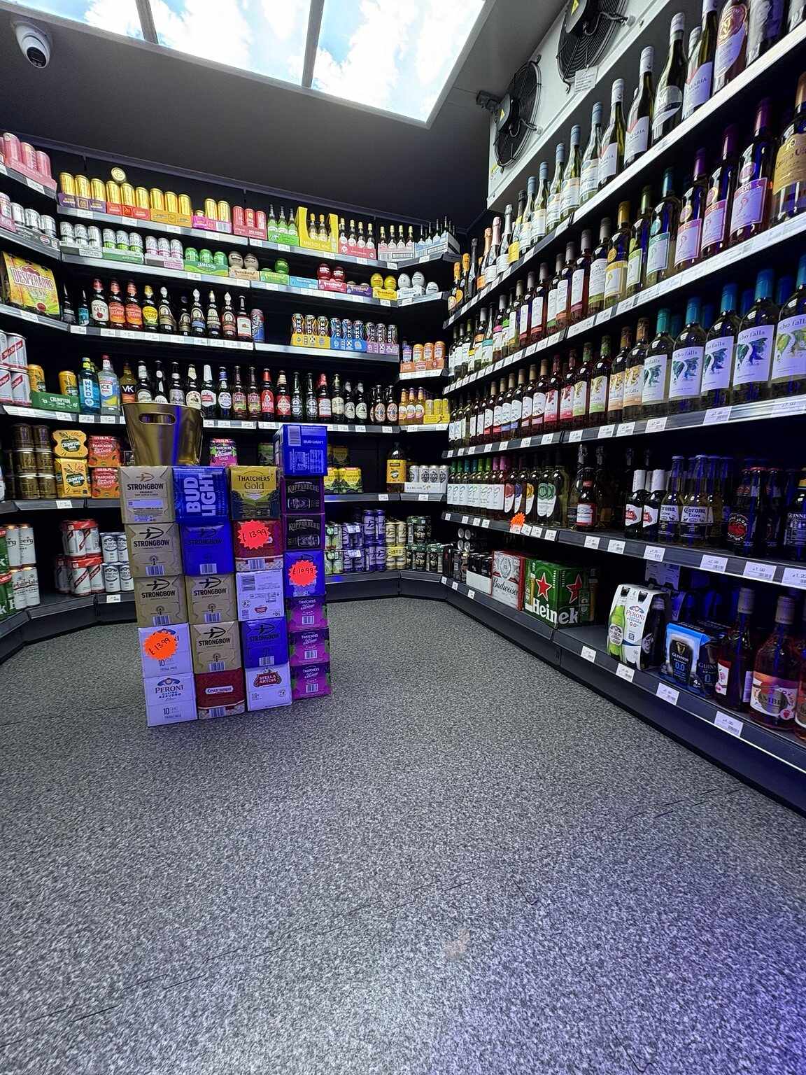 Wide view of the beer, cider and wine range inside C&K Local Store’s Worcester off-licence.