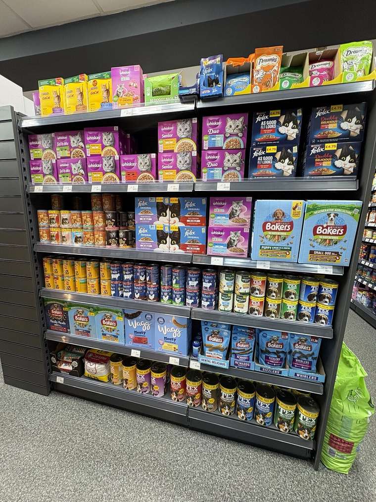Cat food, dog food and pet treats stocked at C&K Local Store in Worcester.